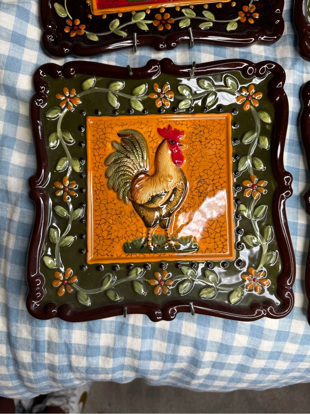 Hand-Painted Rooster Ceramic Wall Tiles – Set of 4 in Green, Orange, Yellow, Red - Picture 2 of 8